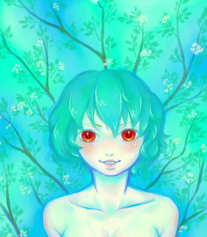 flower green_hair kazami_yuuka lips mago_(gengennikoniko) red_eyes smile solo topless touhou tree_branch