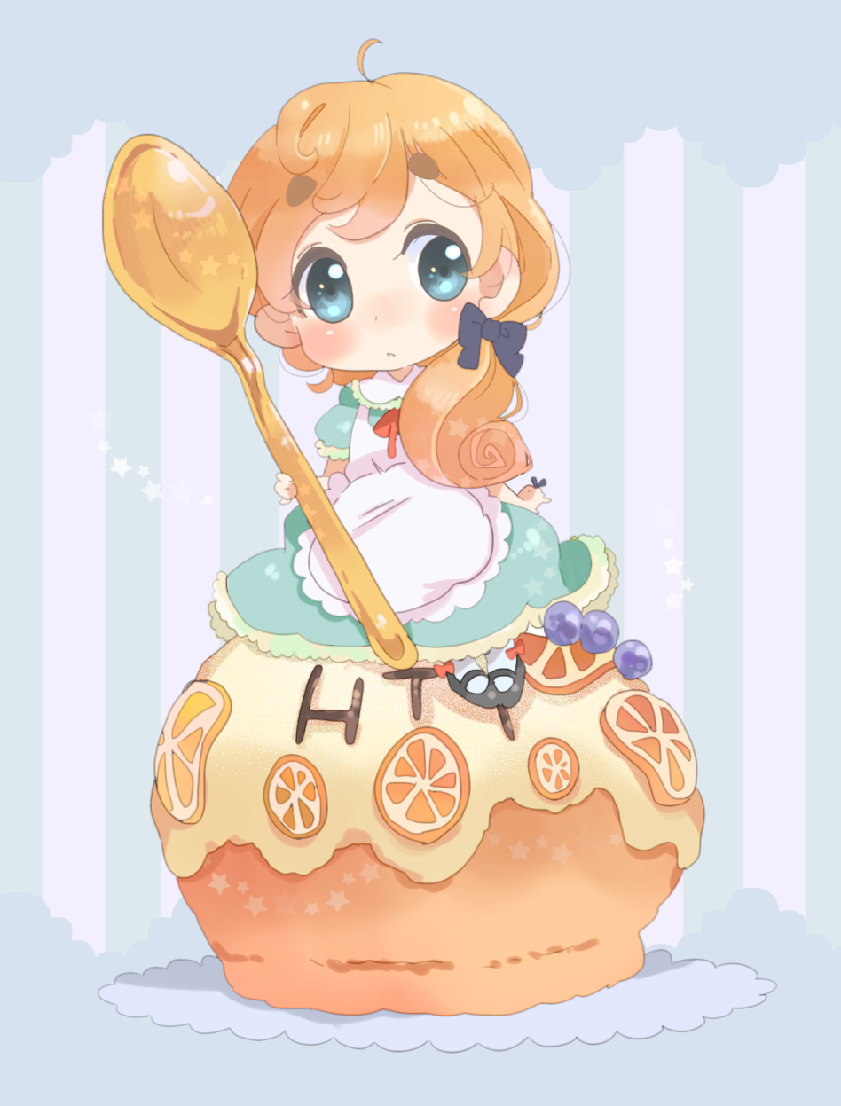 bad_id bad_pixiv_id blonde_hair blue_eyes chibi cupcake dress food highres k-on! kotobuki_tsumugi long_hair oversized_object solo spoon sunameri_oishii