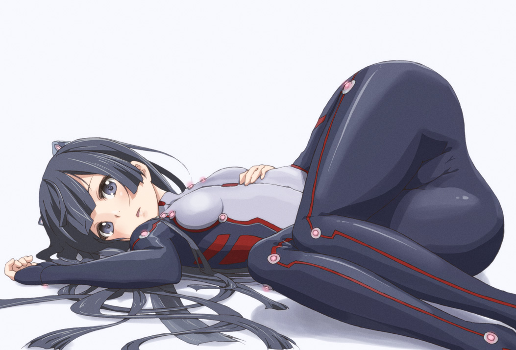 ass bad_anatomy black_eyes black_hair bodysuit cameltoe errant fingerless_gloves flat_chest gloves guilty_crown hips long_hair looking_at_viewer lying on_side open_mouth robot_ears simple_background solo thighs tsugumi_(guilty_crown) white_legwear wide_hips