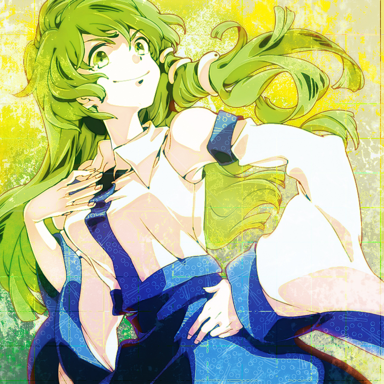 bad_id bad_pixiv_id detached_sleeves green green_eyes green_hair hair_ornament hand_on_hip hand_on_own_chest kochiya_sanae long_hair looking_at_viewer looking_down smile smug snake solo touhou yukizen