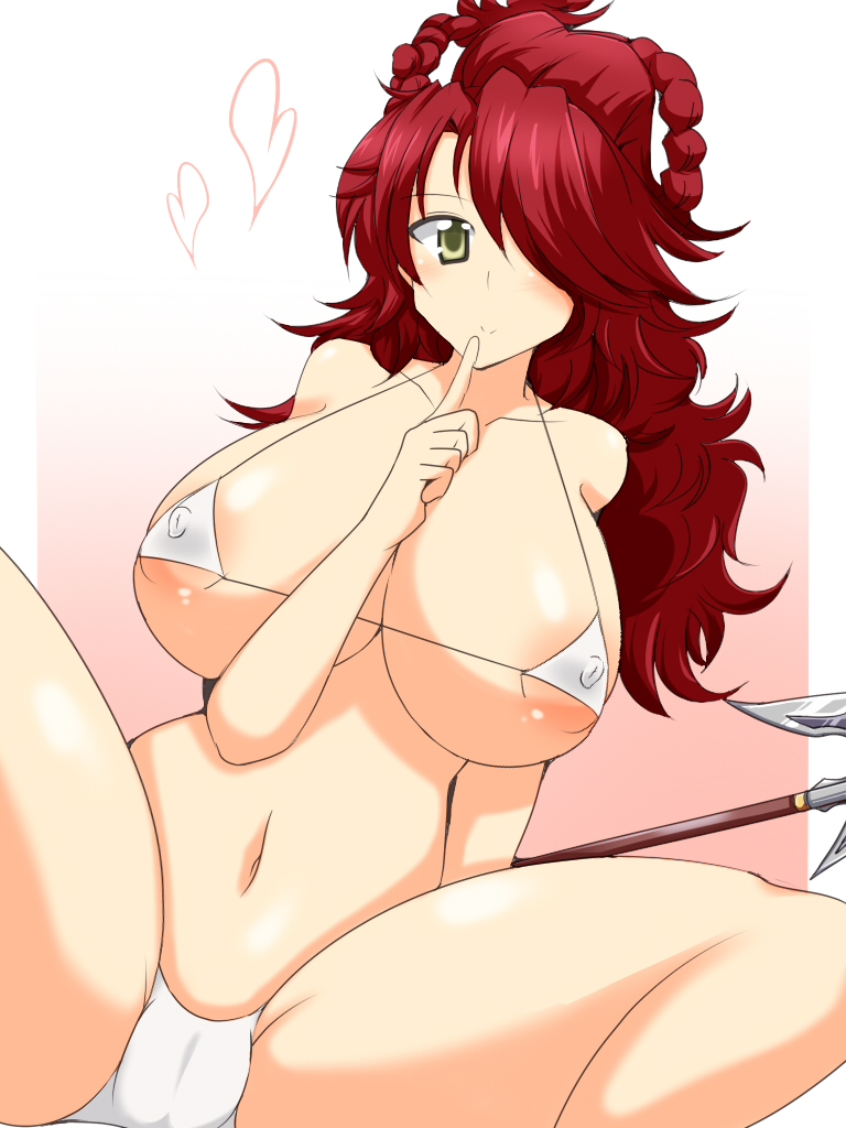 areola_slip areolae bikini blush braid breasts cameltoe character_request cleavage erect_nipples erza_knightwalker fairy_tail hair_over_one_eye huge_breasts micro_bikini navel red_hair smile solo spread_legs swimsuit wavy_hair weapon wedge yellow_eyes