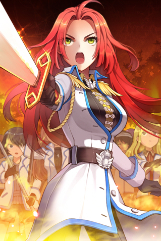 artist_request belt breasts coat epaulettes fire gloves jaina_preventer large_breasts long_hair lowres open_mouth pants red_hair solo_focus striped sword sword_girls weapon yellow_eyes