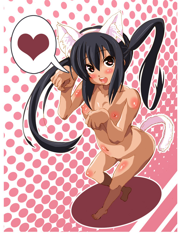 animal_ears bad_moon black_hair blush breasts heart k-on! nakano_azusa nipples nude open_mouth red_eyes smile solo tail twintails