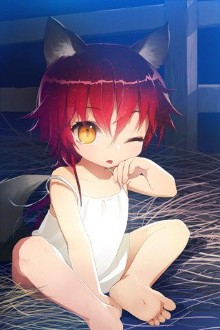 ;p animal_ears barefoot chemise child feet ginger_(sword_girls) hand_on_own_cheek hand_on_own_face hay lowres one_eye_closed red_hair salt_(salty) shiny shiny_hair short_hair sitting solo strap_slip sword_girls tail tongue tongue_out yellow_eyes younger
