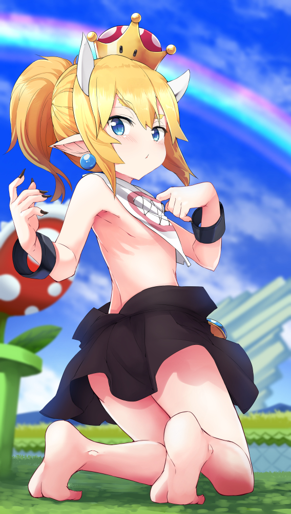 1girl blue_eyes bowser_jr. bowsette_jr. cloud feet genderswap genderswap_(mtf) horns legs looking_back mario_(series) necktie new_super_mario_bros._u_deluxe nintendo noa_(nagareboshi) pointy_ears ponytail rainbow skirt sky solo super_mario_bros.