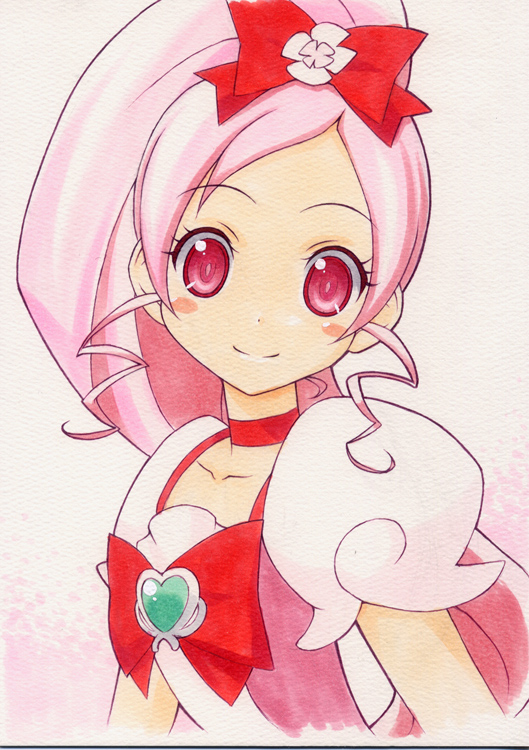 blush_stickers bow choker collarbone cure_blossom eyelashes hair_bow hanasaki_tsubomi head_tilt heartcatch_precure! long_hair looking_at_viewer magical_girl marker_(medium) pink pink_eyes pink_hair ponytail precure red_bow red_choker shirohebidou smile solo traditional_media upper_body