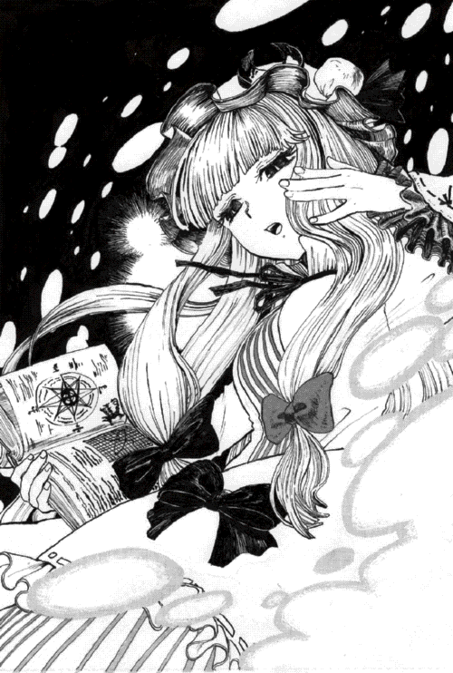 bad_id bad_pixiv_id bangs blunt_bangs book bow danmaku hair_bow hand_on_own_face hat long_hair monochrome patchouli_knowledge slit_pupils solo tokita-c touhou traditional_media