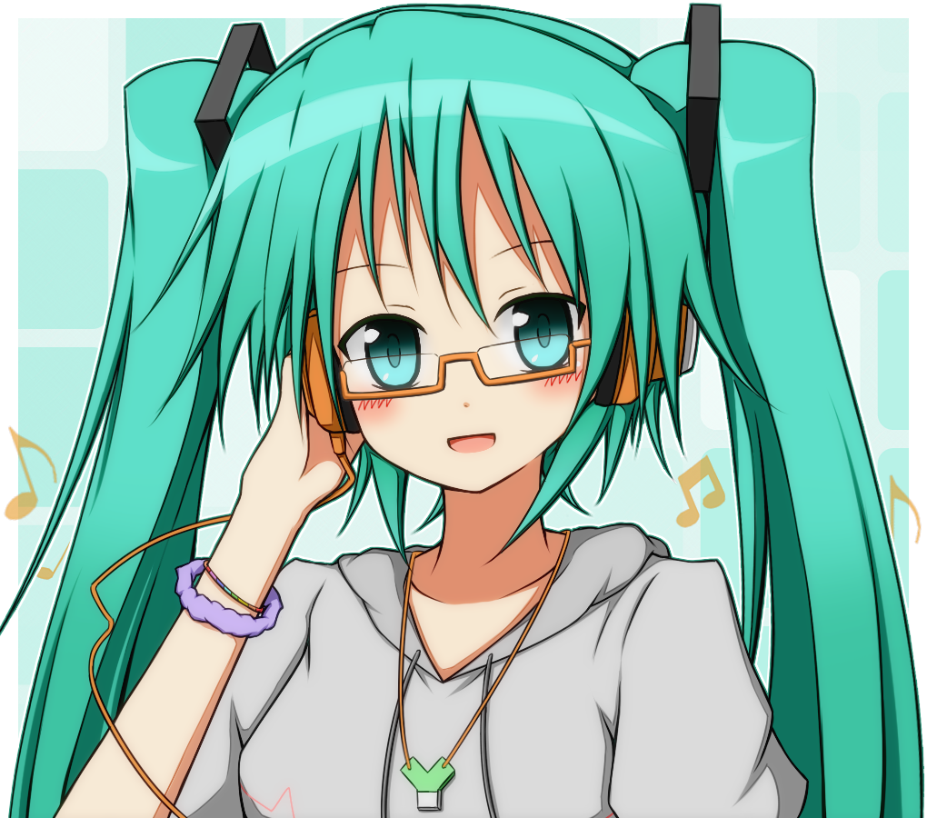 bad_id bad_pixiv_id bespectacled blush glasses green_eyes green_hair hair_ribbon hatsune_miku headphones hood hoodie jewelry karamoneeze long_hair necklace open_mouth osanpo_style_(module) pendant project_diva_(series) project_diva_2nd ribbon smile solo spring_onion twintails vocaloid