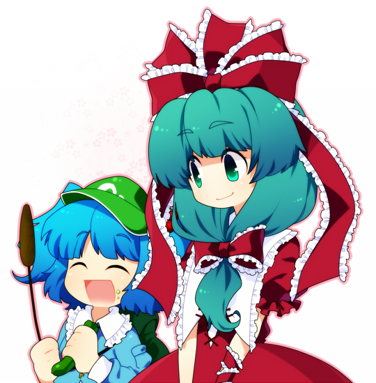 backpack bad_id bad_pixiv_id bag baseball_cap blue_hair bow cattail closed_eyes cucumber eating food food_on_face frills front_ponytail green_eyes green_hair hair_bow hair_ribbon hat kagiyama_hina kawashiro_nitori kiri_futoshi multiple_girls open_mouth plant ribbon short_twintails simple_background smile touhou twintails two_side_up