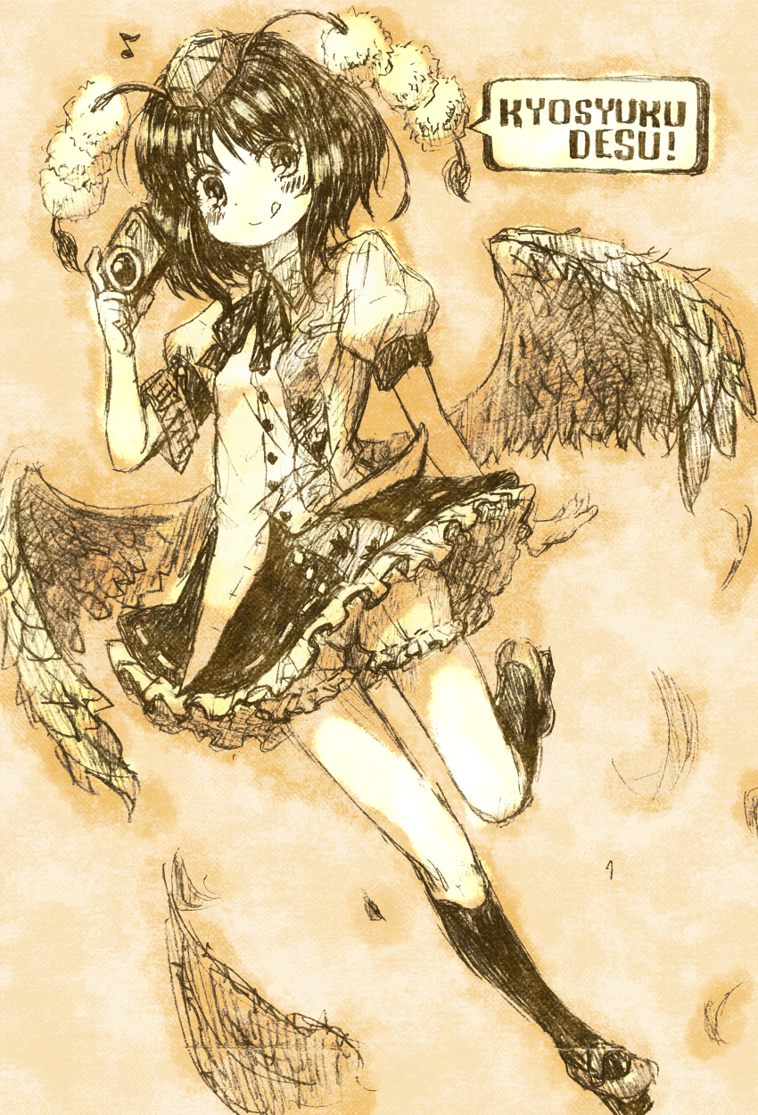 :q black_hair bloomers camera feathers geta hat highres kingin looking_at_viewer monochrome musical_note open_mouth shameimaru_aya short_hair sketch skirt smile solo tokin_hat tongue tongue_out touhou translation_request underwear wings