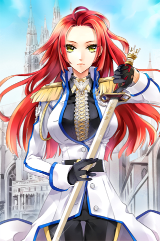 breasts character_request gloves jeyina large_breasts long_hair lowres military military_uniform red_hair solo sword sword_girls uniform weapon yellow_eyes