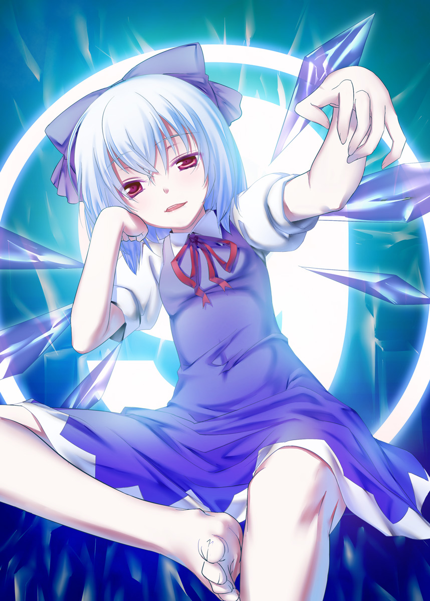 1girl 47agdragon barefoot blue_hair bow cirno hair_bow highres looking_at_viewer red_eyes ribbon short_hair sitting solo touhou wings