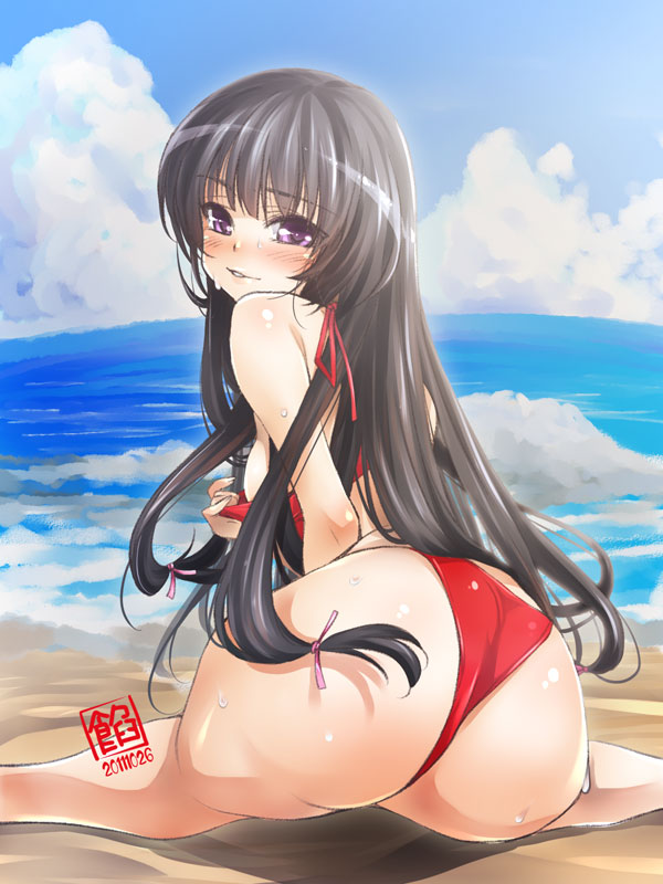 ass bare_shoulders beach bikini black_hair blush boku_wa_tomodachi_ga_sukunai breasts day from_behind grin hukuhuku long_hair looking_back medium_breasts mikazuki_yozora purple_eyes red_bikini smile solo swimsuit swimsuit_pull