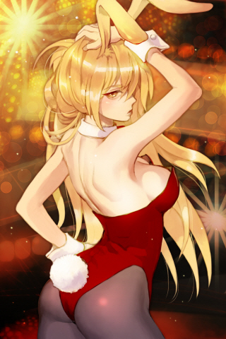 animal_ears arched_back artist_request ass backless_outfit bare_back blonde_hair blush breasts brown_legwear bunny_ears bunny_tail bunnysuit cannelle choker cleavage cuffs hand_on_own_head large_breasts long_hair looking_back lowres pantyhose solo sword_girls tail wrist_cuffs yellow_eyes