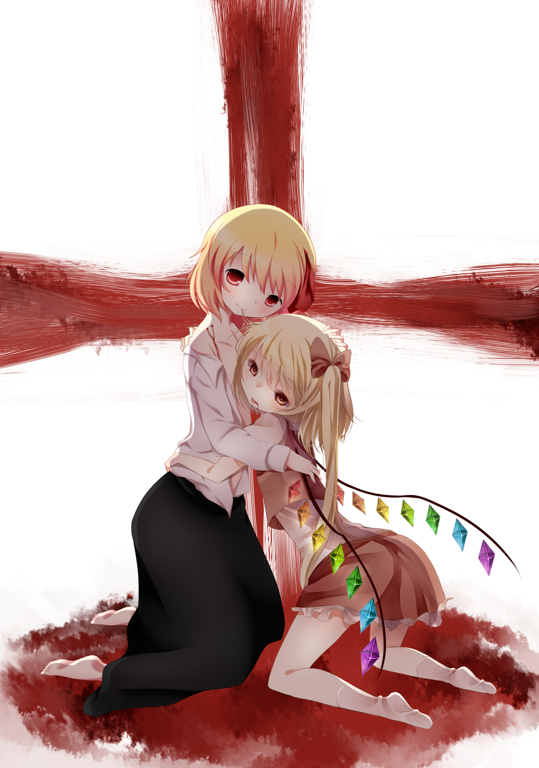 :p bad_id bad_pixiv_id barefoot bite_mark blonde_hair blood blood_in_mouth blood_on_face blush bow cross dress fang flandre_scarlet hair_bow hair_in_mouth hair_ribbon hand_on_head head_tilt highres hug kneeling long_sleeves looking_at_viewer multiple_girls no_hat no_headwear open_clothes petting red_eyes ribbon rumia shirt short_hair side_ponytail skirt smile tepes tongue tongue_out touhou unbuttoned vampire white_legwear white_shirt wings