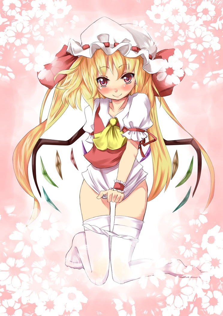 ascot blonde_hair blush bottomless bow flandre_scarlet floral_background floral_print flower hair_bow hat kneeling long_hair no_shoes nyafu_(moai_lion) panties panty_pull red_eyes shirt_tug skirt skirt_tug smile solo thighhighs touhou twintails underwear white_legwear white_panties wings wrist_cuffs