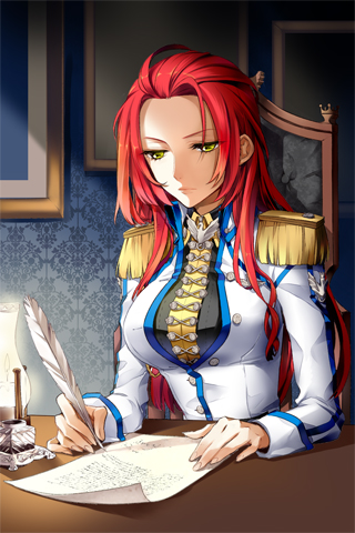 breasts character_request jeyina large_breasts long_hair lowres military military_uniform quill red_hair sitting solo sword_girls uniform yellow_eyes