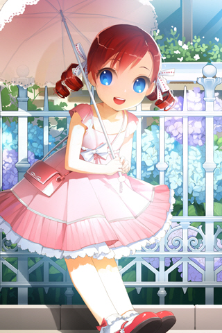 artist_request bag blue_eyes bow child dress drill_hair flower frills handbag lace lowres mary_janes open_mouth red_hair ribbon shoes short_hair socks solo sword_girls umbrella vernika_answer