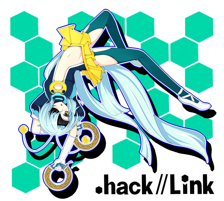 .hack//link 1girl bad_id bad_pixiv_id blue_hair chakram copyright_name eyepatch gloves green_background green_legwear grey_eyes honeycomb_(pattern) honeycomb_background klarinette_(.hack//) midriff navel revealing_clothes shoes short_hair skirt takabe thighhighs upside-down weapon white_gloves yellow_eyes yellow_skirt