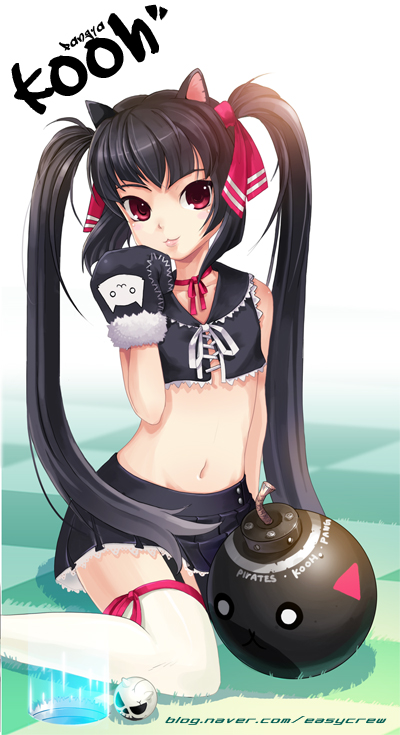 animal_ears black_hair bomb flat_chest front-tie_top gloves hair_ribbon kooh lee_byung_hee midriff pangya ribbon skirt solo thighhighs twintails