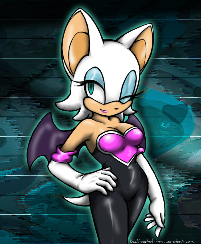 blackhearted_hero breasts cleavage clothed clothing female gloves hair mammal one_eye_closed rouge_the_bat sega solo sonic_(series) tail teal_eyes white white_clothing white_hair wings wink