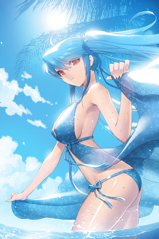 bikini blue_hair breasts large_breasts long_hair lowres luthica_preventer red_eyes ribbon side-tie_bikini smile solo source_request swimsuit sword_girls transparent twintails water wet
