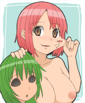 bodysuit breasts brown_eyes cosplay costume creepy green_hair holding kigurumi large_breasts looking_at_viewer lowres mask nipples pink_hair short_hair skin_tight skintight smile solo stretch stretching