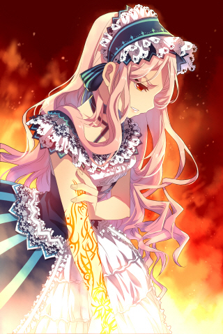 artist_request choker corset dress fire frills hairband lace long_hair lowres maid_headdress markings pain pink_hair red_eyes solo sword_girls