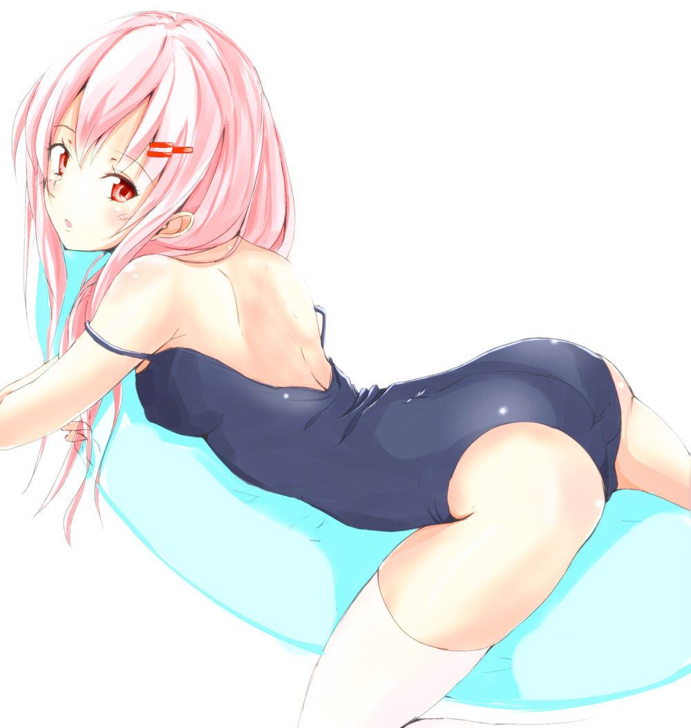 ass blush guilty_crown hair_ornament hairclip long_hair off_shoulder one-piece_swimsuit open_mouth pink_hair red_eyes solo swimsuit thighhighs weeeeen white_legwear yuzuriha_inori