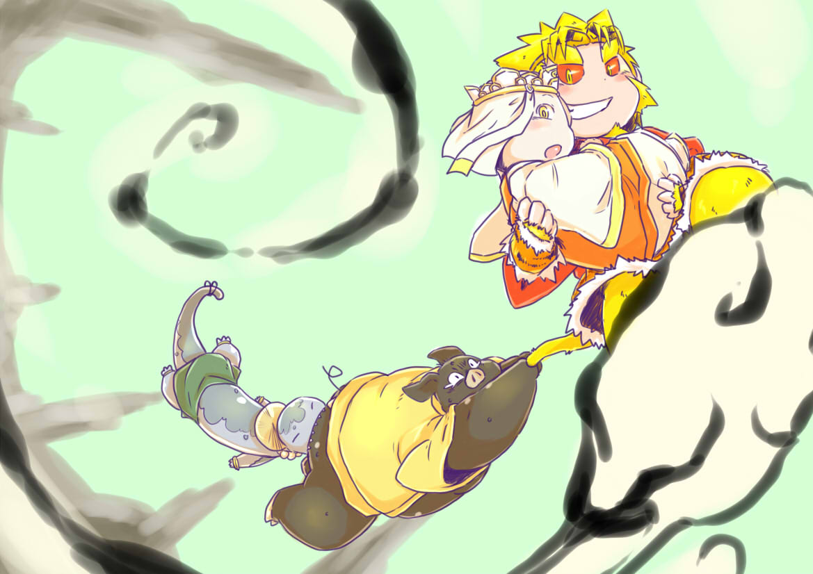 anthro blush chiro_(artist) clothed clothing human journey_to_the_west male mammal monkey monkey_king overweight pig porcine primate simple_background slightly_chubby sun_wukong zhu_bajie