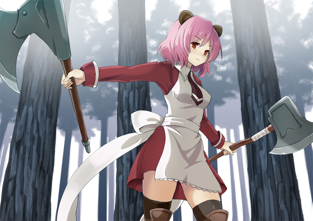 animal_ears axe bear_ears black_legwear blue_door dual_wielding forest holding long_sleeves nature necktie original pink_hair red_eyes short_hair solo thighhighs tree weapon