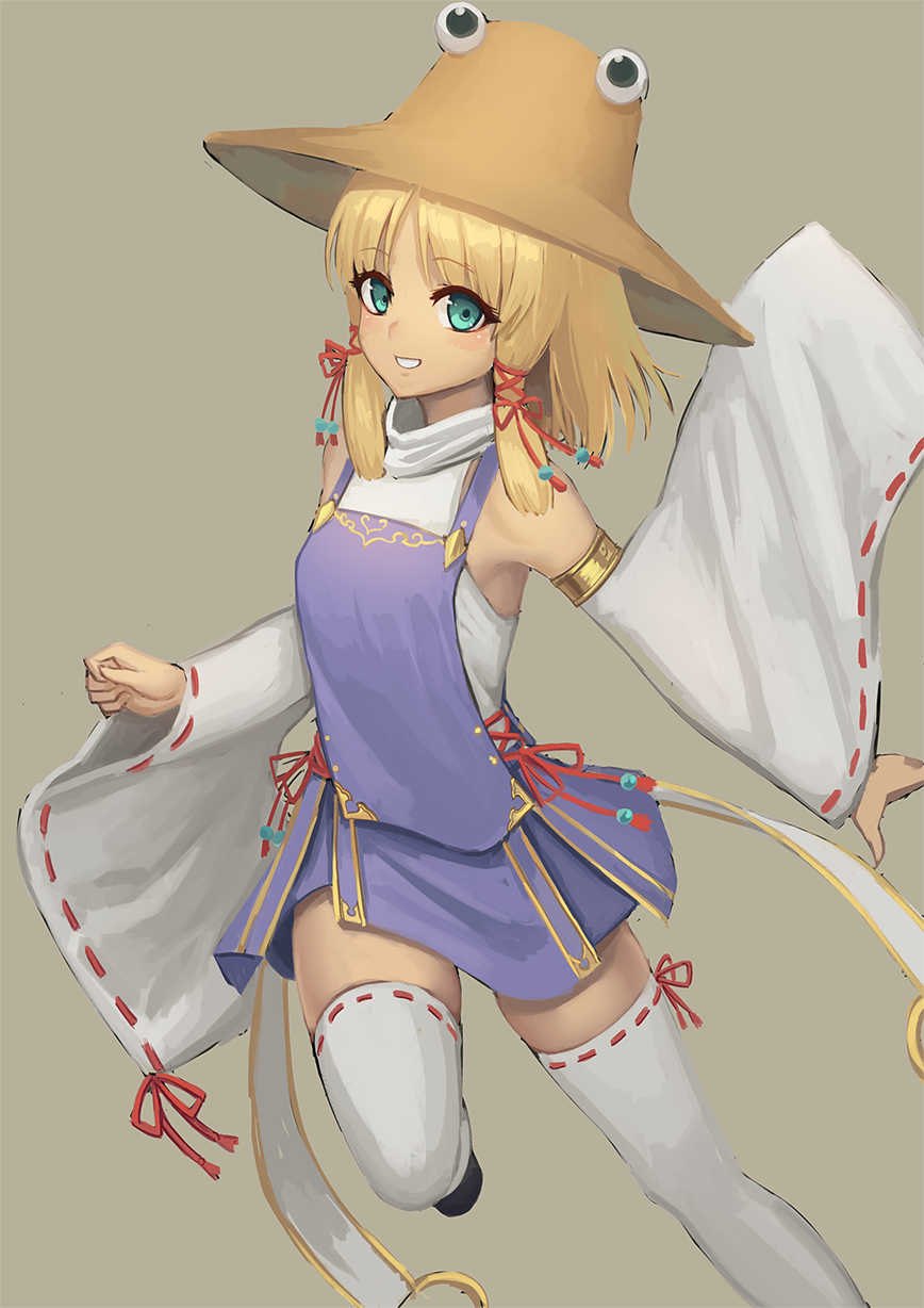 1girl adapted_costume armpits bangs bare_shoulders blonde_hair blush brown_hat commentary_request detached_sleeves eyebrows_visible_through_hair eyelashes grey_background grin hair_ribbon hat highres leg_up long_hair long_sleeves looking_at_viewer moriya_suwako parted_bangs parted_lips purple_skirt ranma_(kamenrideroz) red_ribbon ribbon ribbon-trimmed_legwear ribbon-trimmed_sleeves ribbon_trim sidelocks simple_background skirt smile solo standing standing_on_one_leg tabard tareme thighhighs touhou turtleneck white_legwear wide_sleeves zettai_ryouiki