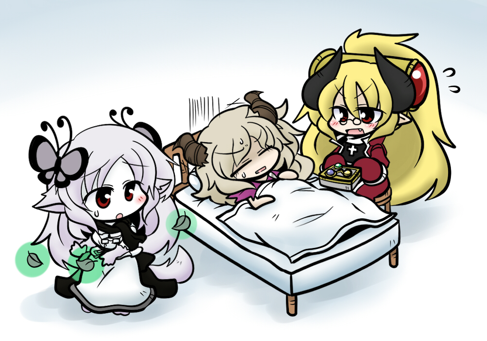 =_= animal_ears bed blonde_hair butterfly_hair_ornament chibi cloak cross fang glasses grey_hair hair_ornament horns leaf long_hair multiple_girls pixiv_fantasia pixiv_fantasia_wizard_and_knight pointy_ears red_eyes silver_hair sleeves_past_wrists tail yanagi_(nurikoboshi)