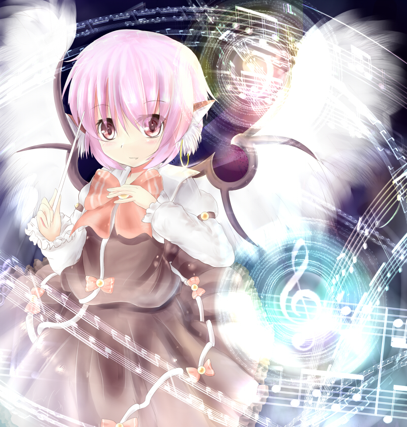 animal_ears baton_(instrument) beamed_eighth_notes beamed_sixteenth_notes blush bow conductor dotted_quarter_note earrings half_note hand_on_own_chest jewelry musical_note mystia_lorelei no_hat no_headwear non-nyo pink_eyes pink_hair quarter_note shirt short_hair skirt skirt_set solo touhou treble_clef wings