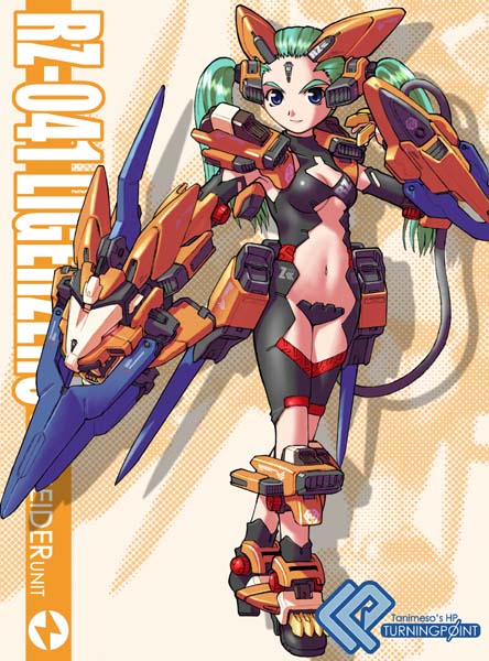 blade blue_eyes breasts claws cleavage crotch_plate facial_mark green_hair helmet liger_zero liger_zero_schneider mecha_musume navel revealing_clothes robot_ears small_breasts smile solo strapless_bottom tail tanimeso twintails zoids zoids_shinseiki/zero zoom_layer