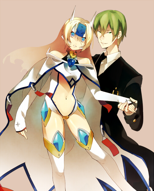 arc_system_works bare_shoulders blazblue blonde_hair blue_eyes cape crotch_plate green_hair hazama headdress long_hair mu-12 smile thighhighs