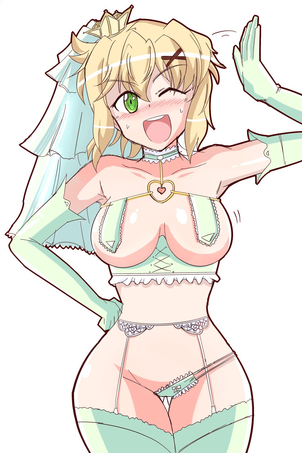 1girl akatsuki_kirika blonde_hair blush bra breasts crown green_eyes groin large_breasts lingerie open_mouth panties ponta_(potezirahu) senki_zesshou_symphogear smile solo underwear white_panties