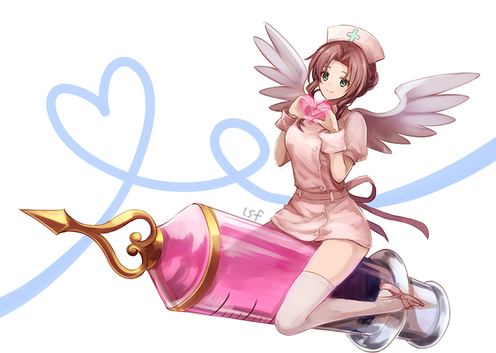 1girl aerith_gainsborough alternate_costume breasts brown_hair buttons closed_mouth dress final_fantasy final_fantasy_vii full_body green_eyes hair_intakes hands_up hat heart heart_hands heart_of_string long_hair medium_breasts nurse nurse_cap oversized_object pink_dress pink_footwear pink_hat puffy_short_sleeves puffy_sleeves sasanomesi short_dress short_sleeves smile solo syringe thighhighs white_background white_legwear white_wings wings