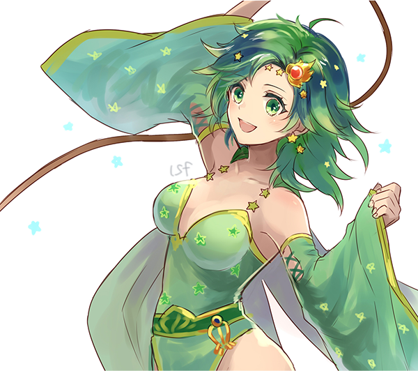 1girl :d ahoge arm_up bare_shoulders breasts cape cleavage collarbone detached_sleeves earrings eyebrows_visible_through_hair final_fantasy final_fantasy_iv green_cape green_eyes green_hair hair_ornament hand_up jewelry long_hair long_sleeves medium_breasts open_mouth rydia sasanomesi simple_background smile solo star star_earrings star_hair_ornament star_print whip white_background wide_sleeves