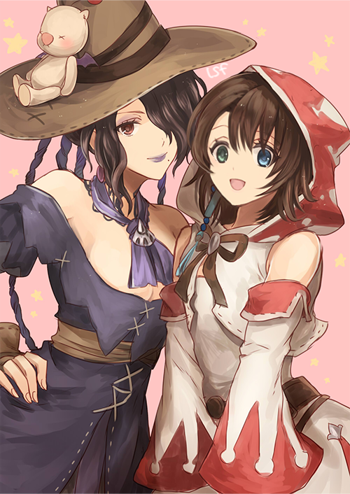 2girls :d alternate_costume bangs bare_shoulders black_hair blue_eyes breasts brown_hair brown_hat brown_ribbon cleavage closed_mouth detached_sleeves dress earrings final_fantasy final_fantasy_x fingernails green_eyes hair_over_one_eye hand_on_hip hat heterochromia hood hood_up jewelry large_breasts lipstick long_hair long_sleeves looking_at_viewer lulu_(ff10) makeup mole mole_under_mouth moogle multiple_girls off-shoulder_dress off_shoulder open_mouth pink_background purple_dress purple_lipstick red_eyes ribbon sasanomesi short_hair smile star stuffed_toy witch_hat yuna