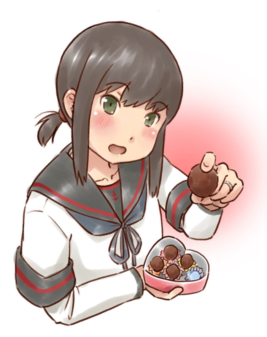 1girl anchor_symbol black_hair black_sailor_collar box chocolate commentary_request cropped_torso fubuki_(kantai_collection) green_eyes heart kantai_collection karasu_(naoshow357) looking_at_viewer low_ponytail open_mouth ponytail remodel_(kantai_collection) sailor_collar school_uniform serafuku short_ponytail sidelocks solo upper_body white_background