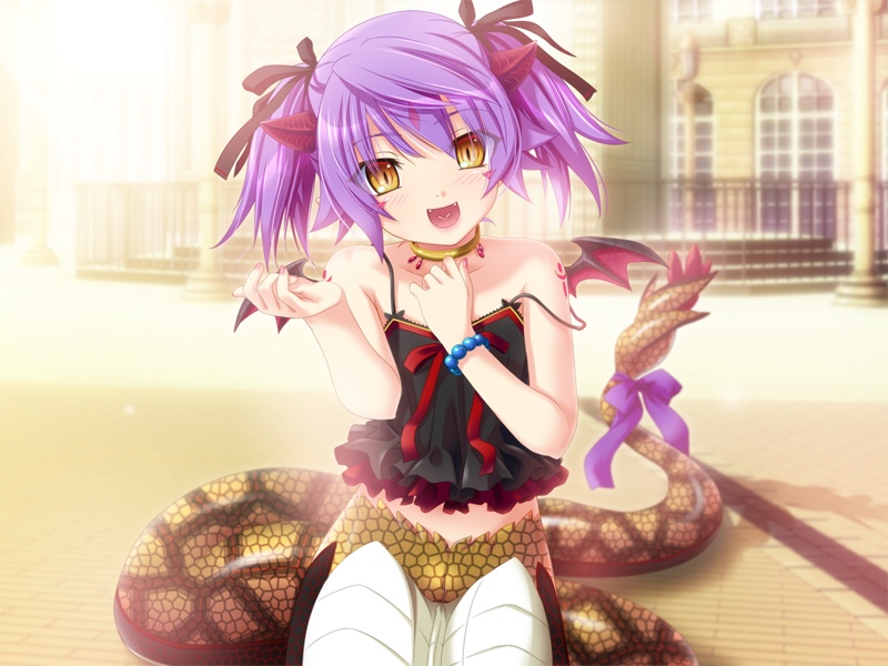 :d blush bracelet chibi child collar demon_wings fang forehead_jewel game_cg hair_bow horns jewels lamia loli looking_at_viewer monster_girl mound_of_venus naaja off_shoulder pettanko pigtail princess_x purple_hair ribbon short_hair smile solo strap_slip twin_pigtails twin_tails wings yellow_eyes