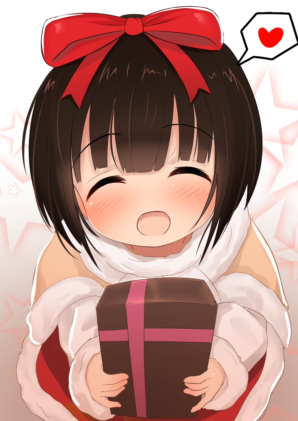 1girl :d ^_^ bangs blush bow box brown_capelet brown_hair capelet closed_eyes commentary_request eyebrows_visible_through_hair eyes_closed facing_viewer fur-trimmed_capelet fur-trimmed_skirt fur-trimmed_sleeves fur_trim gift gift_box girls_frontline hair_bow heart highres holding holding_gift jacket long_sleeves m99_(girls_frontline) neko_miyabi_(artist) open_mouth red_bow red_skirt skirt sleeves_past_wrists smile solo spoken_heart star valentine white_background white_jacket