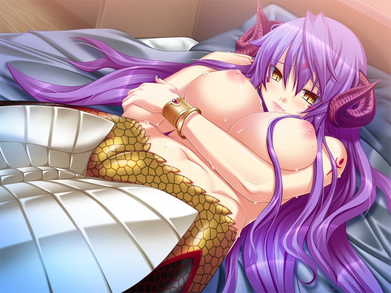 bed blush bracelet breasts fang game_cg horns jewels lamia large_breasts long_hair looking_at_viewer lying monster_girl mound_of_venus naaja navel nipples no_bra nude on_back oppai pillow princess_x purple_hair solo topless yellow_eyes