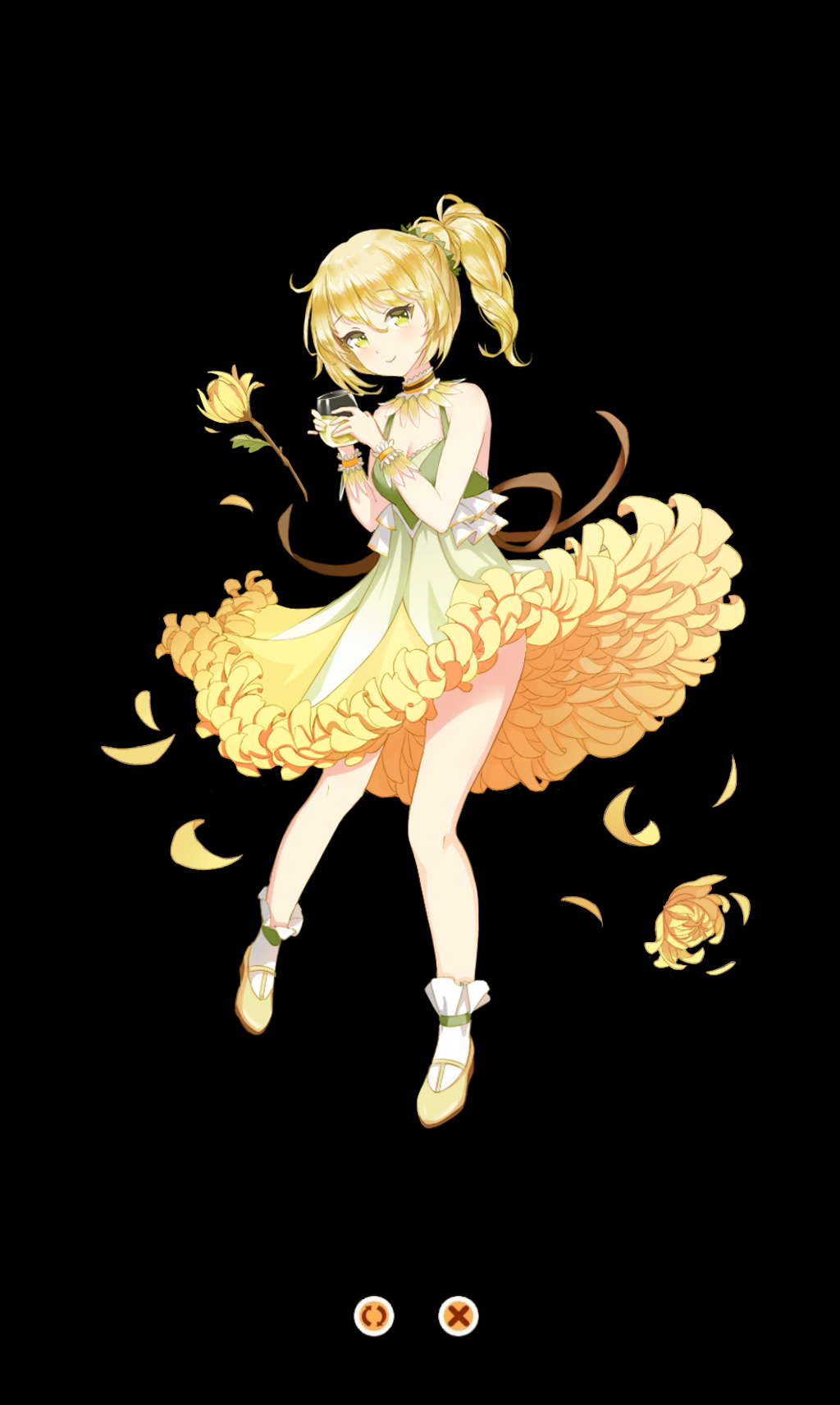 1girl black_background blonde_hair breasts choker cleavage cup dress flower full_body highres holding holding_cup kibiko_(cheeks) liaoli_ciyuan petals ponytail simple_background small_breasts socks solo standing white_legwear wristband yellow_dress yellow_eyes yellow_flower yellow_footwear