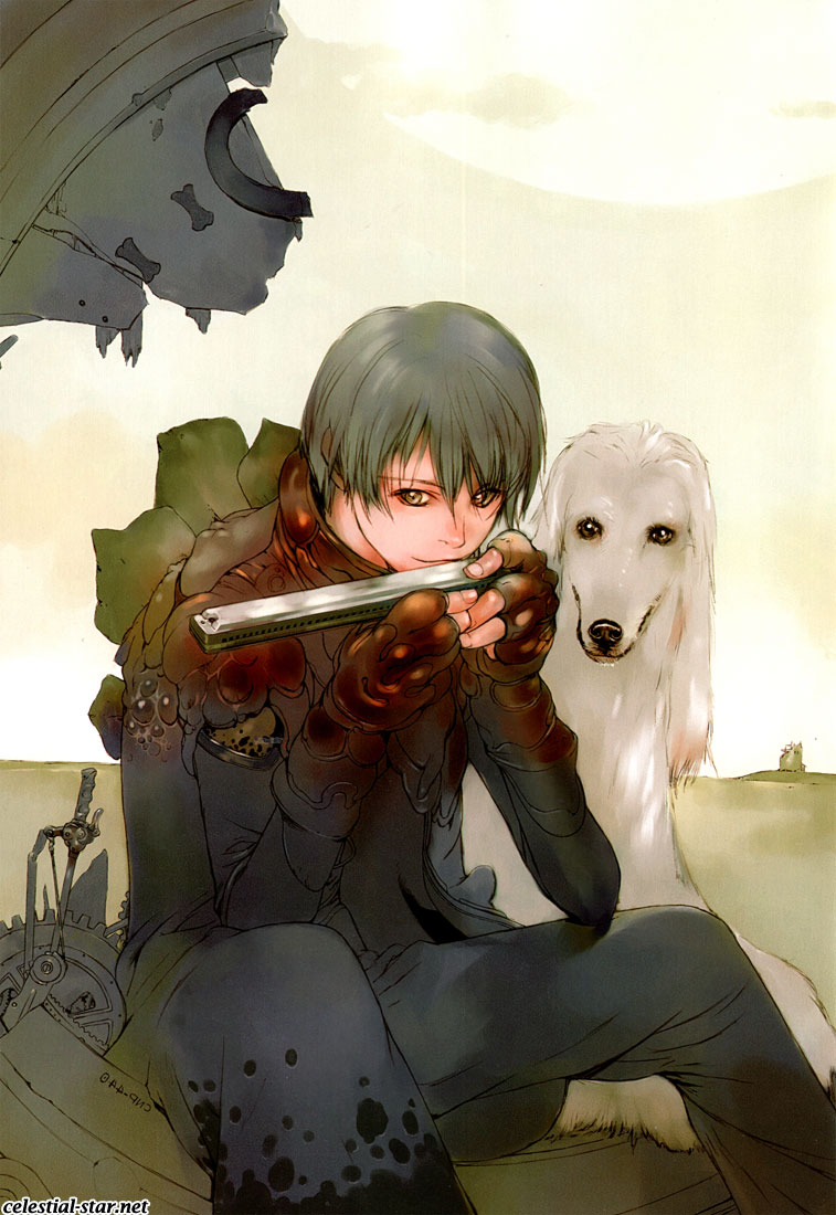 animal armor black_hair clock dog green_eyes green_hair harmonica male okazaki_takeshi short_hair