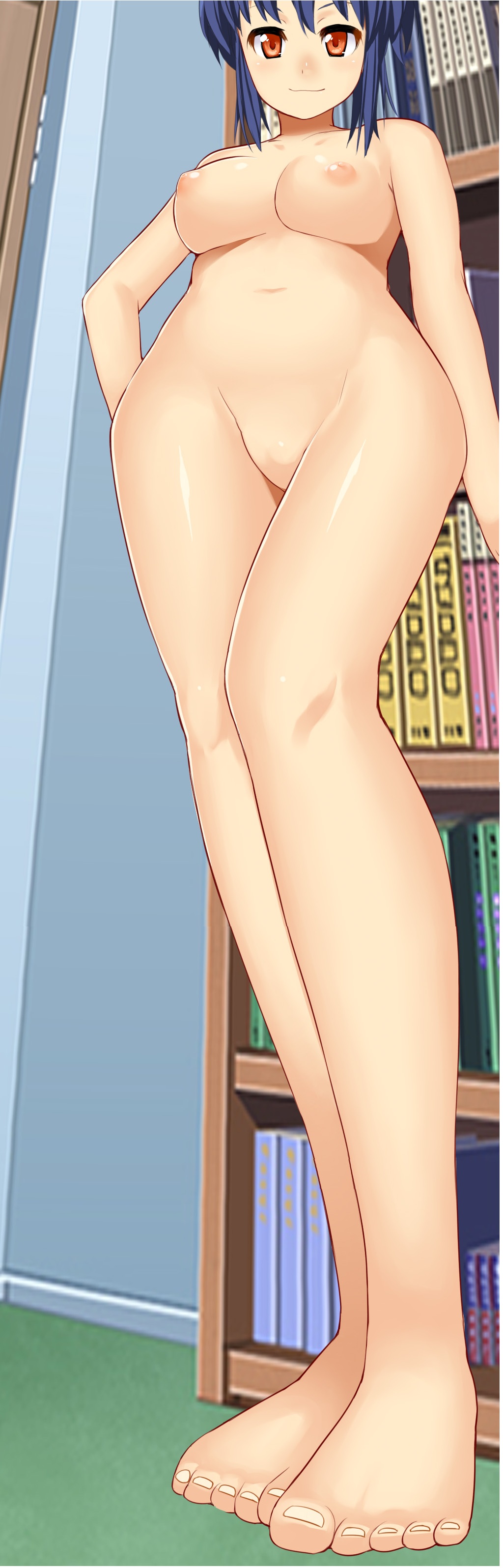 1girl areolae barefoot blue_hair book books brown_eyes erect_nipples feet giantess happy looking_up nude oppai short_hair smile solo tagme wide_hips
