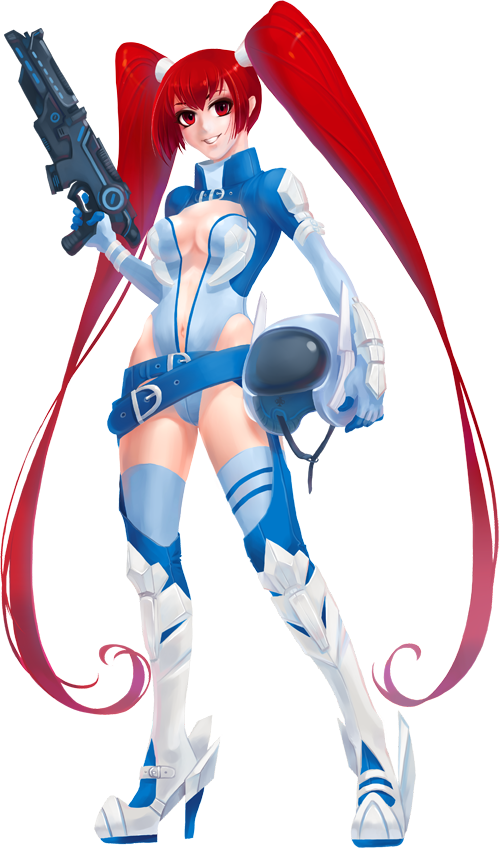 armor belt gun helmet hime_cut leotard long_hair original red_eyes red_hair smile soemy solo tagme thigh_boots thighhighs twin_tails weapon