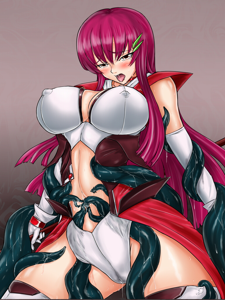 1girl about_to_be_raped abs allegro belly blush cleavage crying drooling erect_nipples gloves hairclip jewelry long_hair midriff navel navel_insertion open_mouth pink_hair pussy_juice red_hair restrained saliva skirt_lift slime sweat tears tentacle tentacles tentacles_under_clothes tongue undressing yellow_eyes