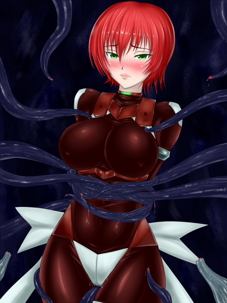 1girl about_to_be_raped allegro blush brown_hair cleavage crotch_rub erect_nipples green_eyes oppai pussy_juice raped red_hair restrained short_hair slime tagme tentacles uniform wide_hips worried